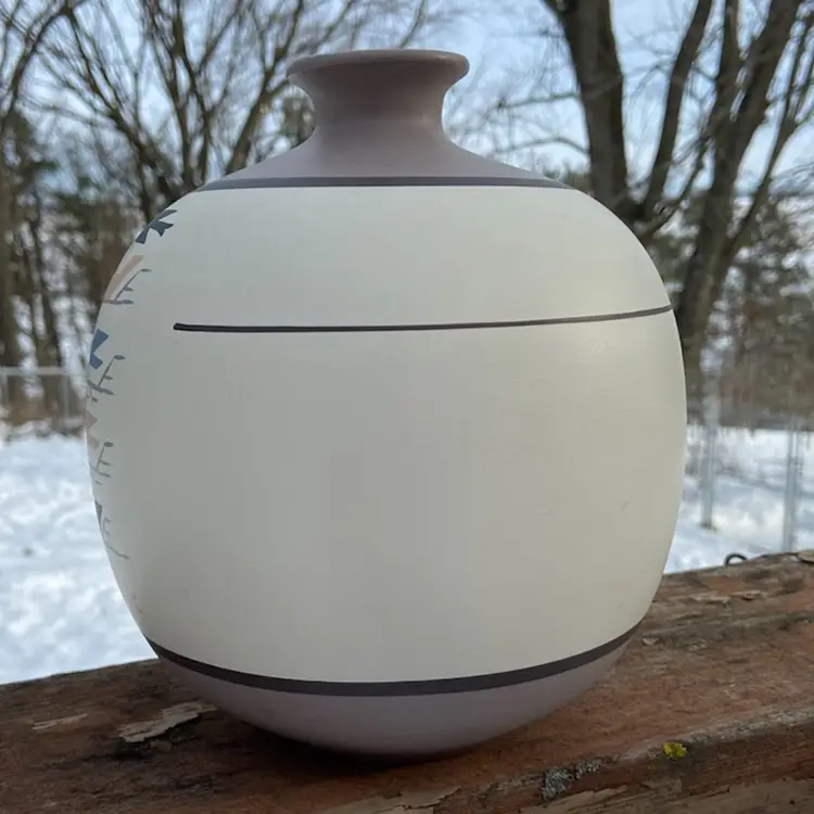 Handpainted Nandi Pottery Vase. Birds On Tree Motif. Signed. 7.5”w X 7”w.