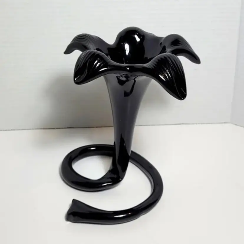 Handblown Black Onyx Large Art Glass Lily Vase Twisted Stem