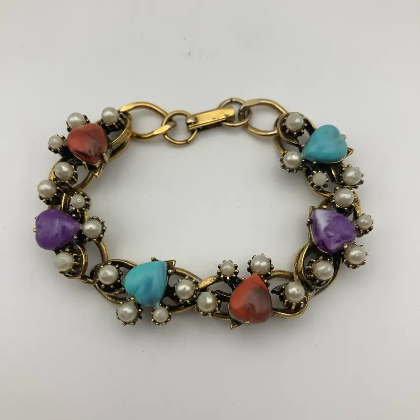 Vintage 7” Bracelet With Colorful Hearts  and Faux Pearls! Fold Over Clasp!