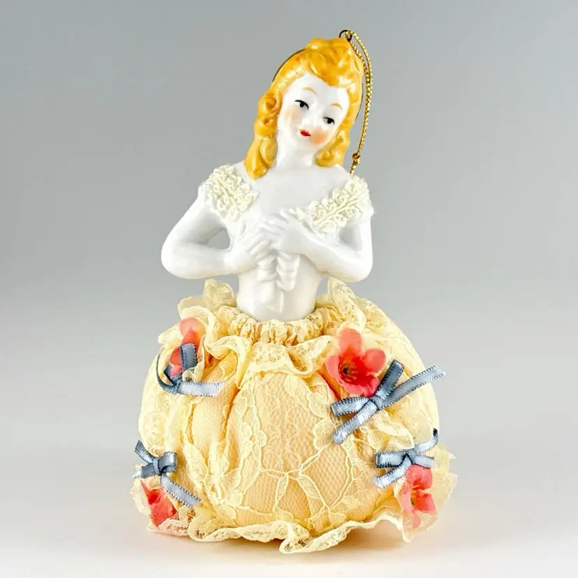 Vintage Half-Doll Pin Cushion Scented Ornament with Yellow Dress & Flowers