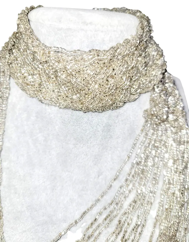 Rare Vintage Necklace Handcrafted Silver Glass Seed Beads Multi-Strand Collar Band