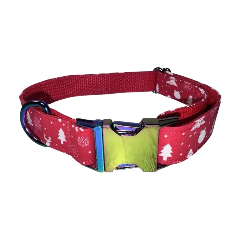 Dog Collar Red Christmas Reindeer Large Handmade Heavy Duty W/Buckle NEW