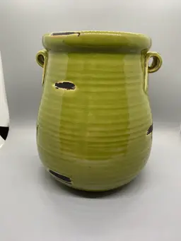 Ribbed Green Art Pottery Large Vase Applied Handles 8.75" tall
