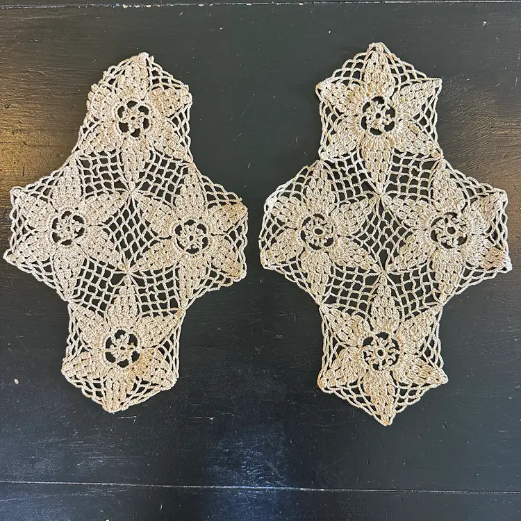 Set of 2 Vintage Hand Crocheted Oblong Ecru Doilies #56