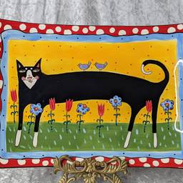 Sharon Bloom Cats In Bloom Large Rectangular Platter Henriksen Import Black Cat Colorful Kitty