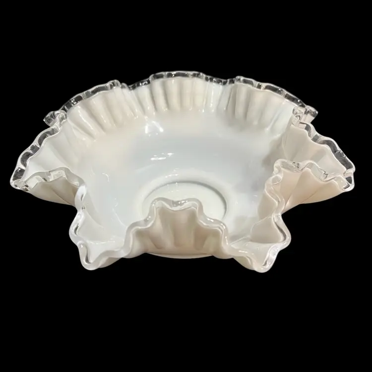 Fenton Silver Crest Milk Glass Ruffled Edge Vintage Fruit Bowl ~4” x 10.5” diameter