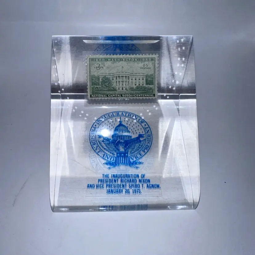 RARE Acrylic Lucite Right Angle Clear Paperweight Nixon/Agnew 1973 Inauguration