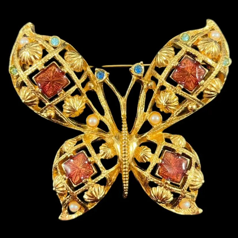 Avon Butterfly Brooch, Vintage Avon Gold Tone Filigree Butterfly Brooch With Enamel, Faux Pearl, And Blue Rhinestones, Vintage Avon Brooch, Vintage Costume Jewelry