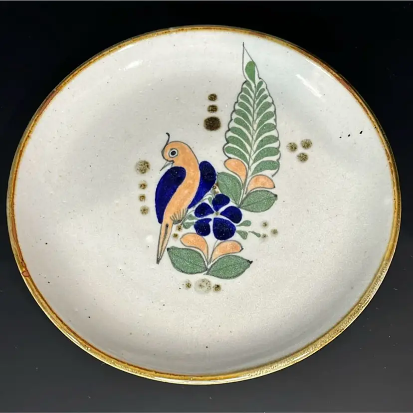 Signed Tonala Mexican Folk Art Pottery Plate With A Bird