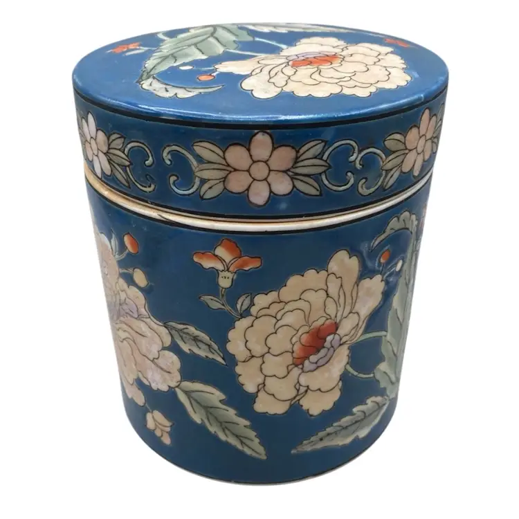 Vintage Asian Floral Ginger Jar and Lid Porcelain Blue CottageCore Feminine Flare