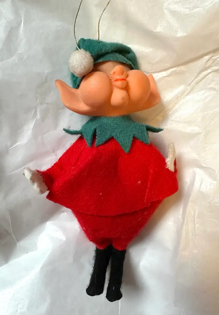 Vintage Christmas Felt Elf Pixie Rubber Face Pointy Ears Ornament