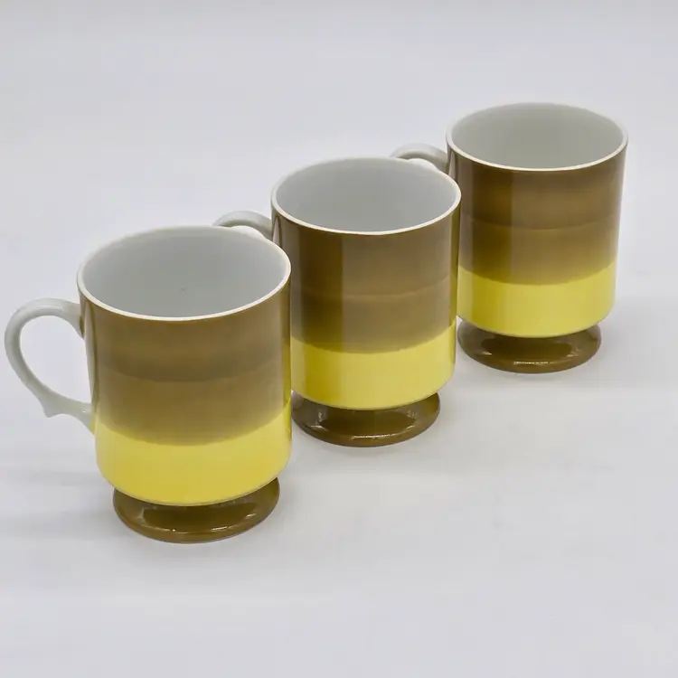 3 Vintage Holt Howard 1966 Green Striped Footed Coffee Mugs Cups Japan 7931