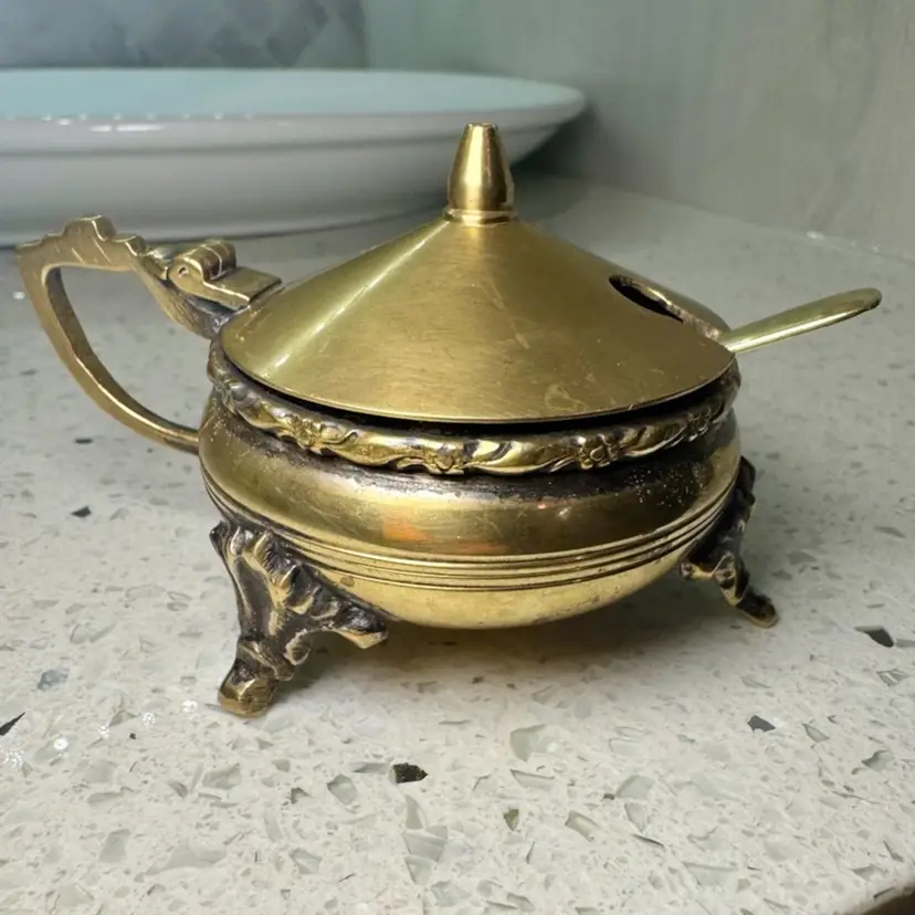 Mini Antique brass Engraved salt, mustard, caviar or jam cellar with lid and brass spoon.