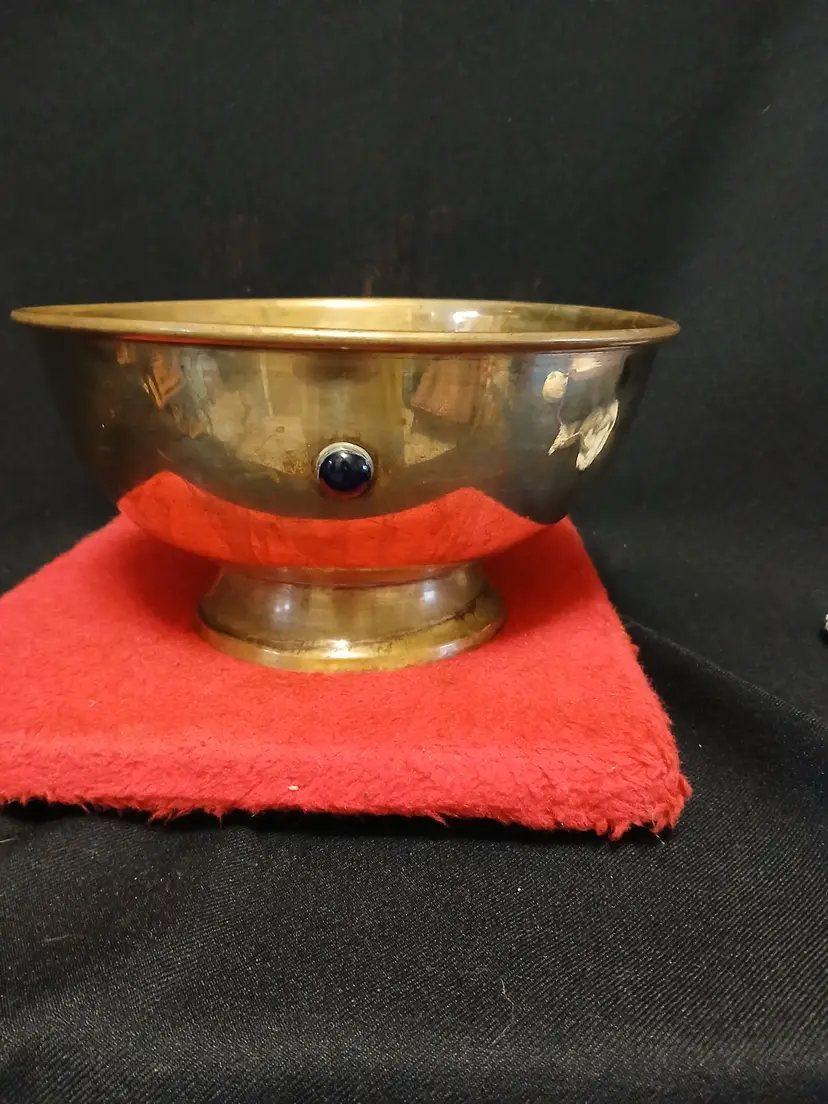 Vintage Brass Pedestal Bowl with Blue Stone Accent