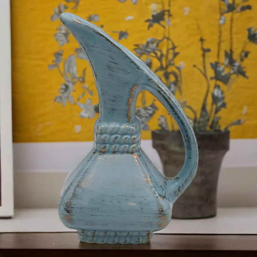 Vintage MCM Retro Savoy China Ceramic Blue 24K Gold Rubbed Pitcher Vase 1950-59