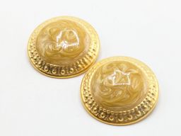 Vintage Gold Tone Beigey Yellow Enameled Center Pierced Earrings