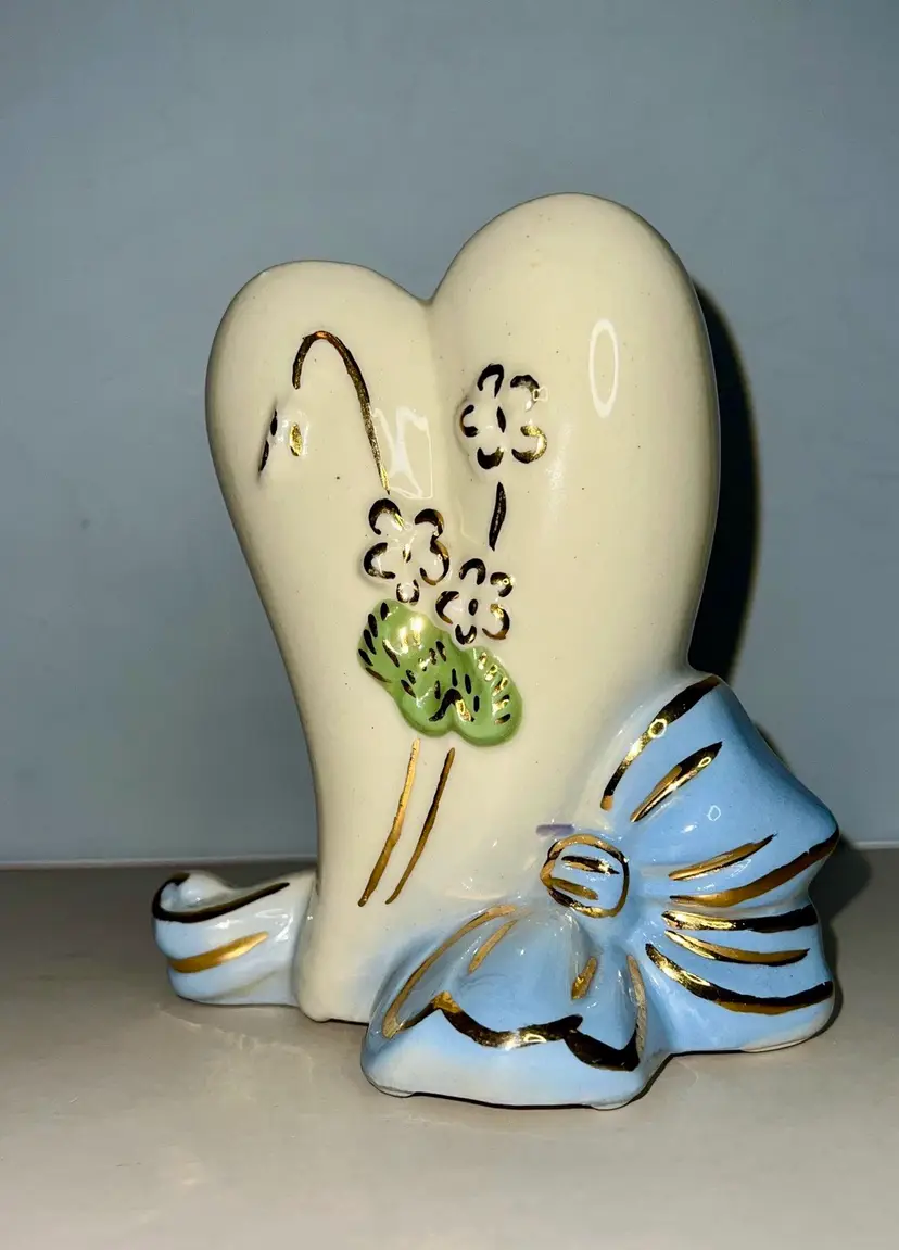 Vintage American Bisque Blue Heart And Flowers Vase/ Planter