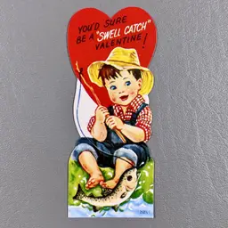 Vintage Die Cut Valentine Card Country Boy Fishing You'd Be A Swell Catch 5"