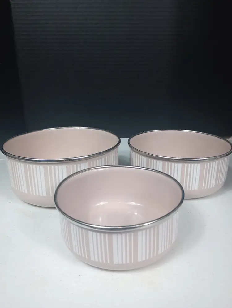 Vintage Mid Century 3 pc Enamelware Mixing Dusty Pink, Barcode Line Bowls by Kobe