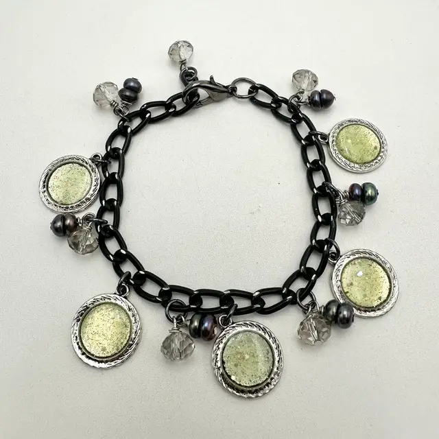 Handmade Bracelet Black Chain Yellow Resin Crystal Pearl Accents 8.5” L Adjustable