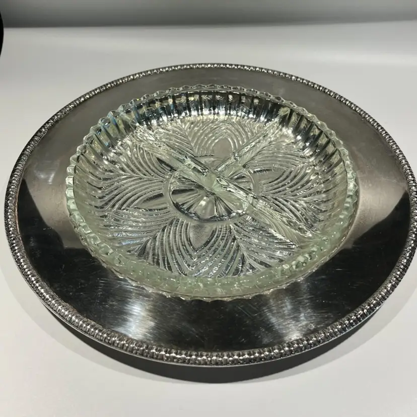 Rogers 10.25” Silverplate Tray with 7.25” Pressed Glass Relish Insert – Pattern 4311