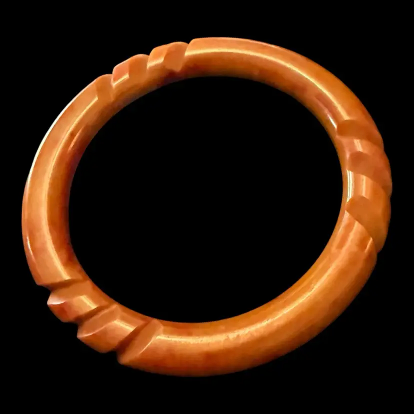 Carved Butterscotch Carmel & Red Swirl Bakelite Bangle Bracelet 2.5” Opening