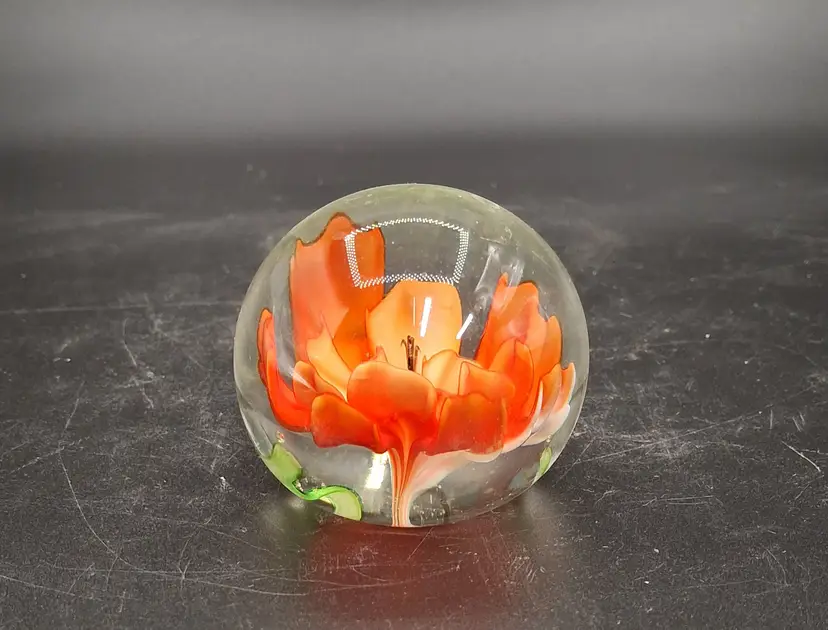 Floral Scarlet Art Glass Paperweight – 2.25" Diameter, 1.75" Tall