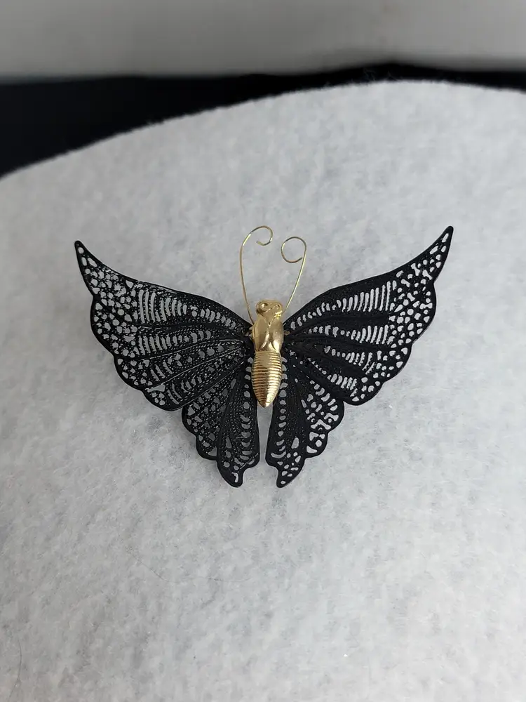 Vintage Black Lace Butterfly Brooch with Gold Accents