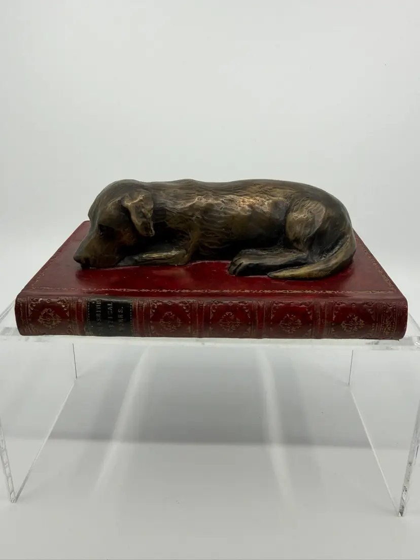 Vintage Bronze Finish Labrador Sleeping On Goldsmiths Poetical Works Book Desk Decor