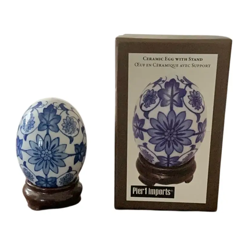 Vintage Pier One Ceramic Egg With Stand Blue Floral Design 3 3/4β X 2β