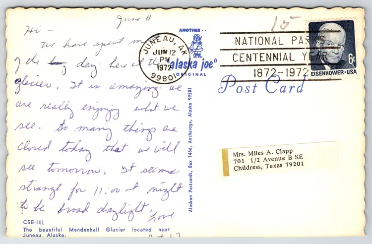 Postcard Mendenhall Glacier near Juneau Alaska National Park Centennial Cancel