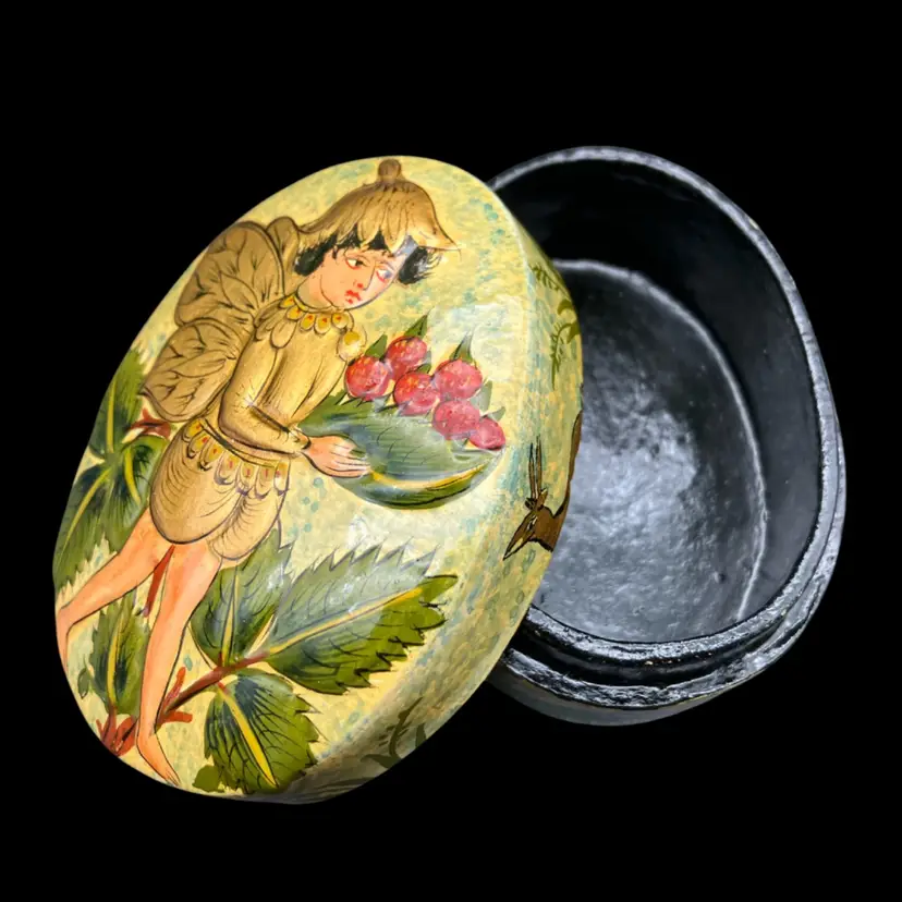 BIN - Vintage Hand-Painted Papier-Mâché Trinket Box - Flower Fairy & Strawberries  With Deer