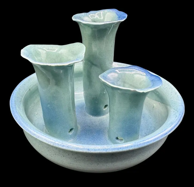 Signed R Walker Art Pottery Ikebana Flower Frog Bud Vase Blue 3 Hole Stem 4.75”