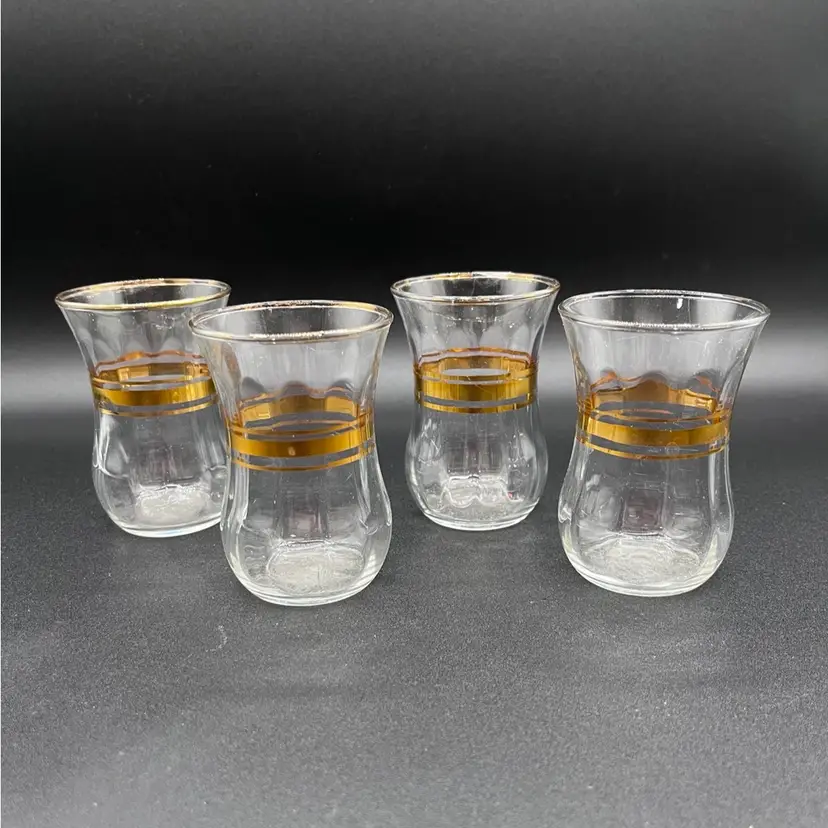 Set Of 4 Turkish Tea Glasses With Gold Overlay 3.25”
