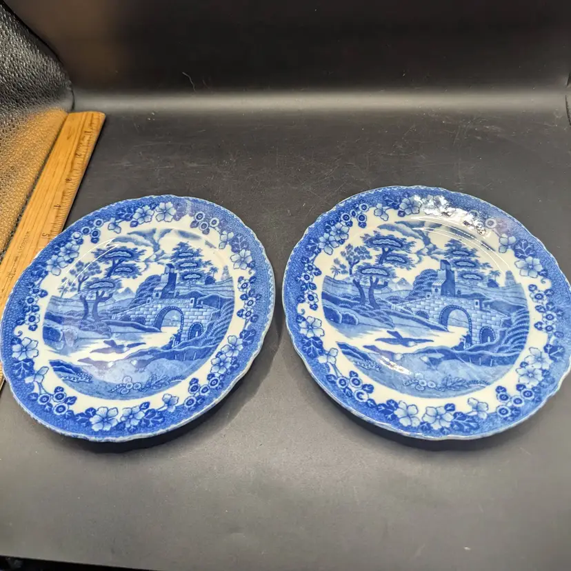 VINTAGE Set of 2 Blue Willow 6" Transferware Dessert Plates by Blue Castle China Japan.