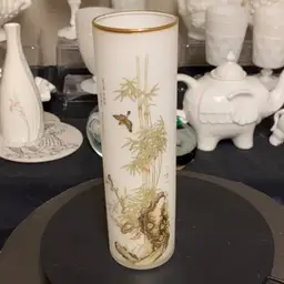 #1244 Decorated satin glass vase with bamboo, bird, and gold trim.