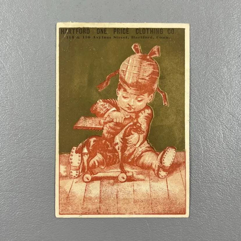 Victorian Trade Card Boy Toy Horse Hartford One Price Clothing Hartford CT
