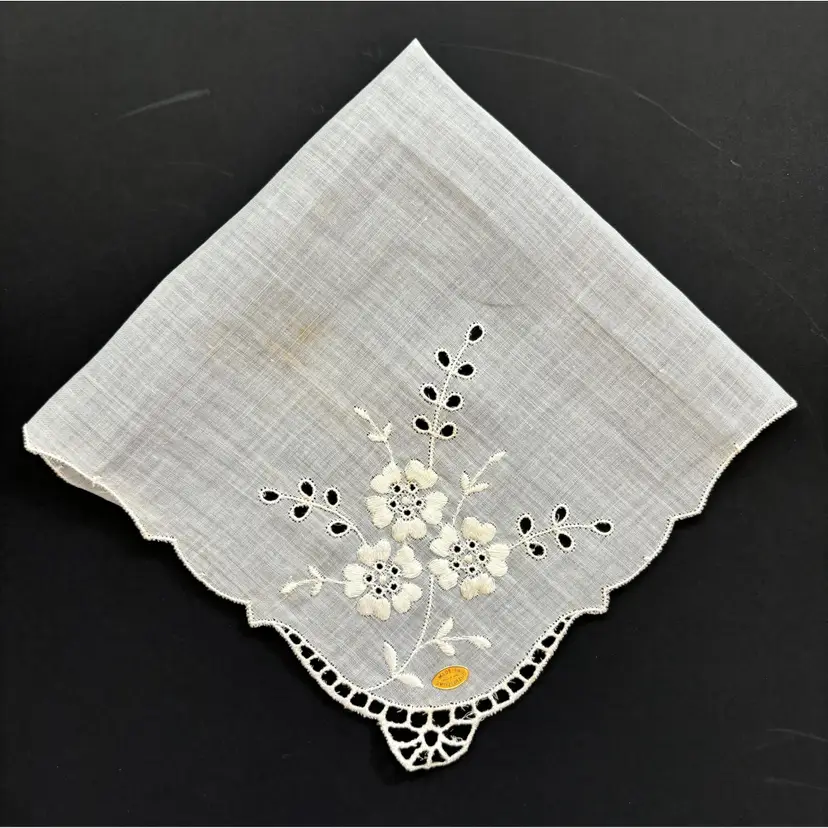 Floral Embroidered Swiss Wedding Handkerchief Bride Cottage Core Granny Vintage