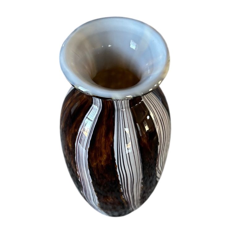 Striped Brown and White Thick Glass Decorative Vase