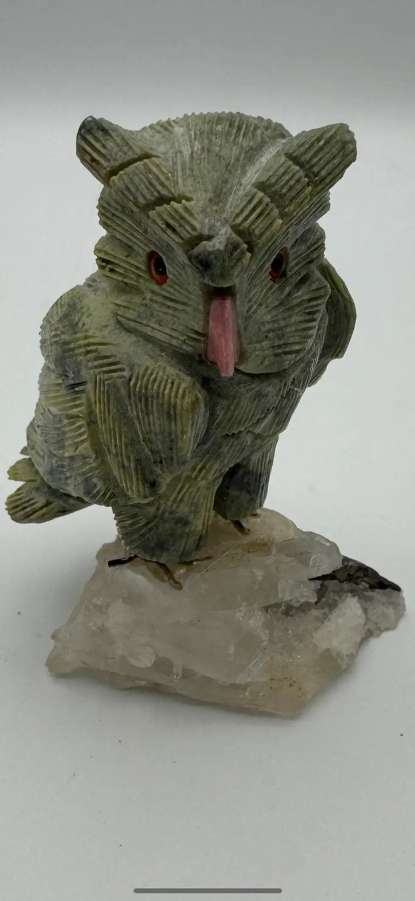 Hand Carved Stone Owl On Quartz Peru