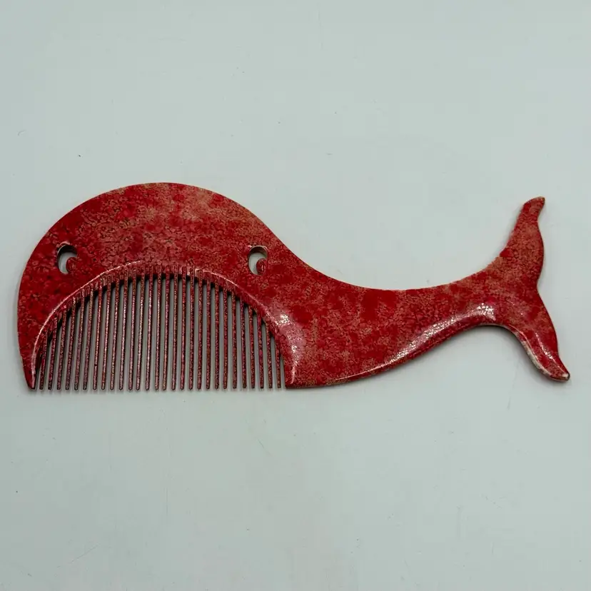 Vintage 1970s Depose Red White Marbleized Plastic Whale Hair Comb Made in France