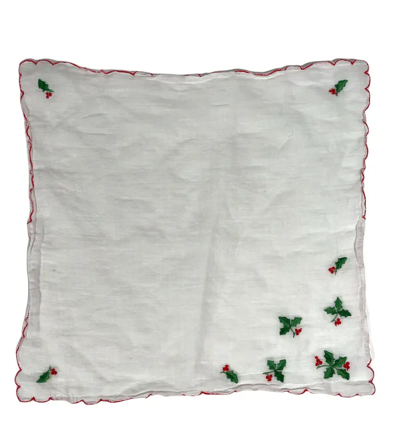 Vintage Christmas Handkerchief Hankie Holly Child’s Red Green Scalloped Border