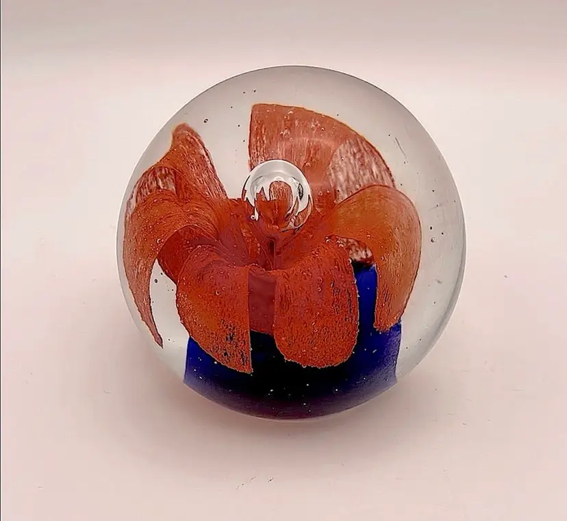 Vintage, Handmade Art Glass, Orange Flower/Cobalt Blue Paperweight, 2.5” (B)