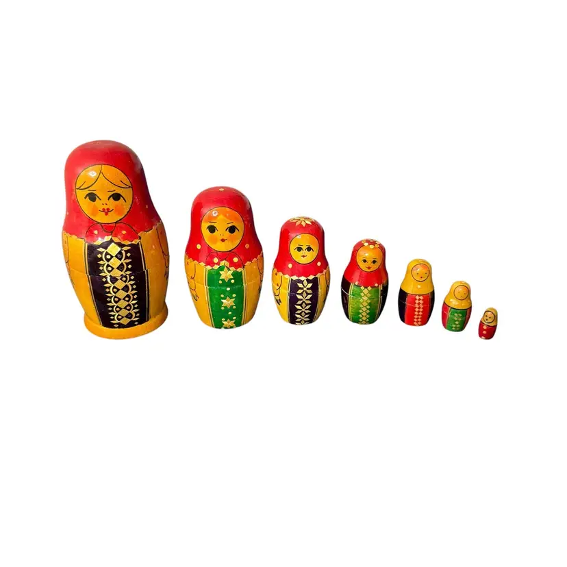 Vintage Red Yellow Artisan Paint Russian Matryoshka Nesting Dolls Set of 7 READ