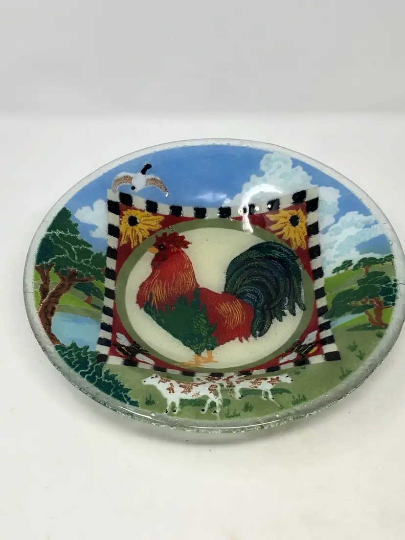 Peggy Karr Rooster Farm Scene Fused Glass 10" Bowl