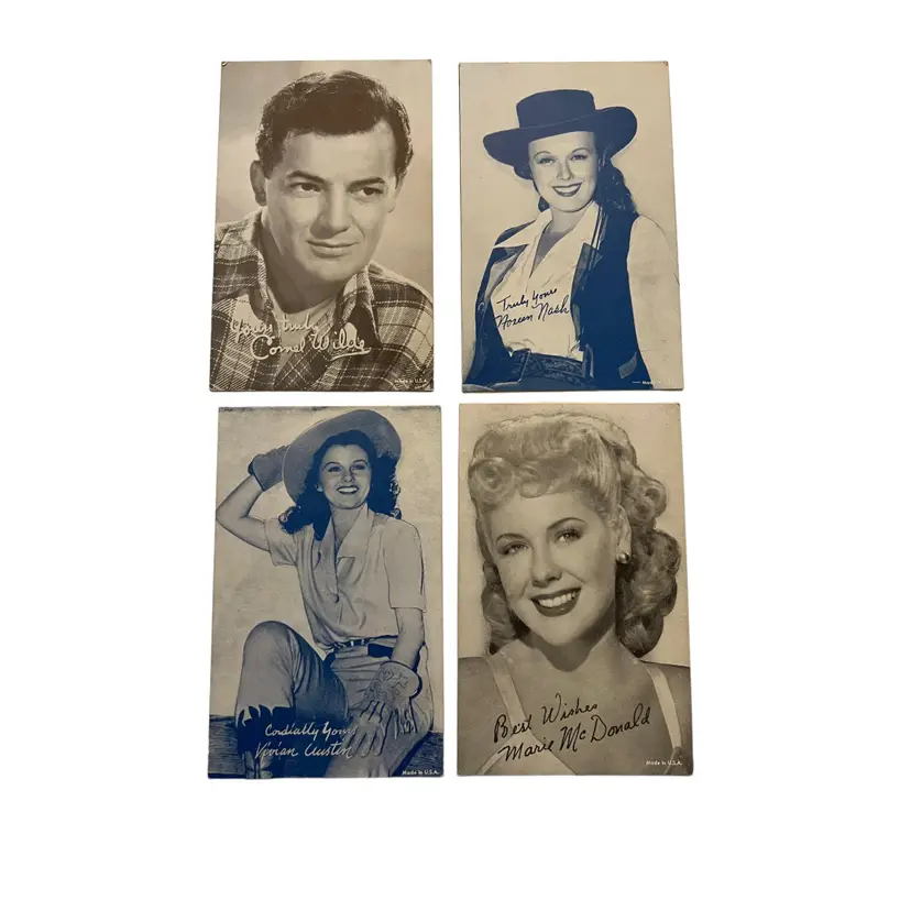Set of Retro Arcade Exhibit Cards. 1950s Vivian Austin, Noreen Nash, Marie McDonald, Cornel Wild. Movie Stars, Actress, Actor