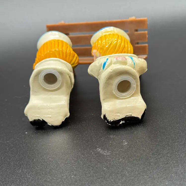 Salt and Pepper Shakers Sailors Girl Boy Plastic Uniform on Bench Stand