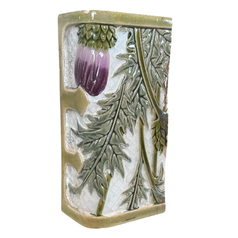 Arts And Crafts Style 1900s Probably French Majolica Corner Thistle Tile