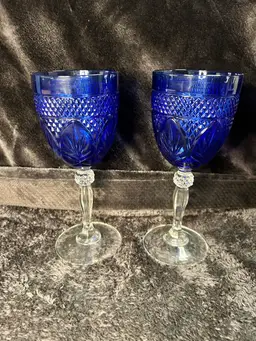Set Of 2 Vintage Cristal D'Arques Water Goblets Sapphire Blue Embossed