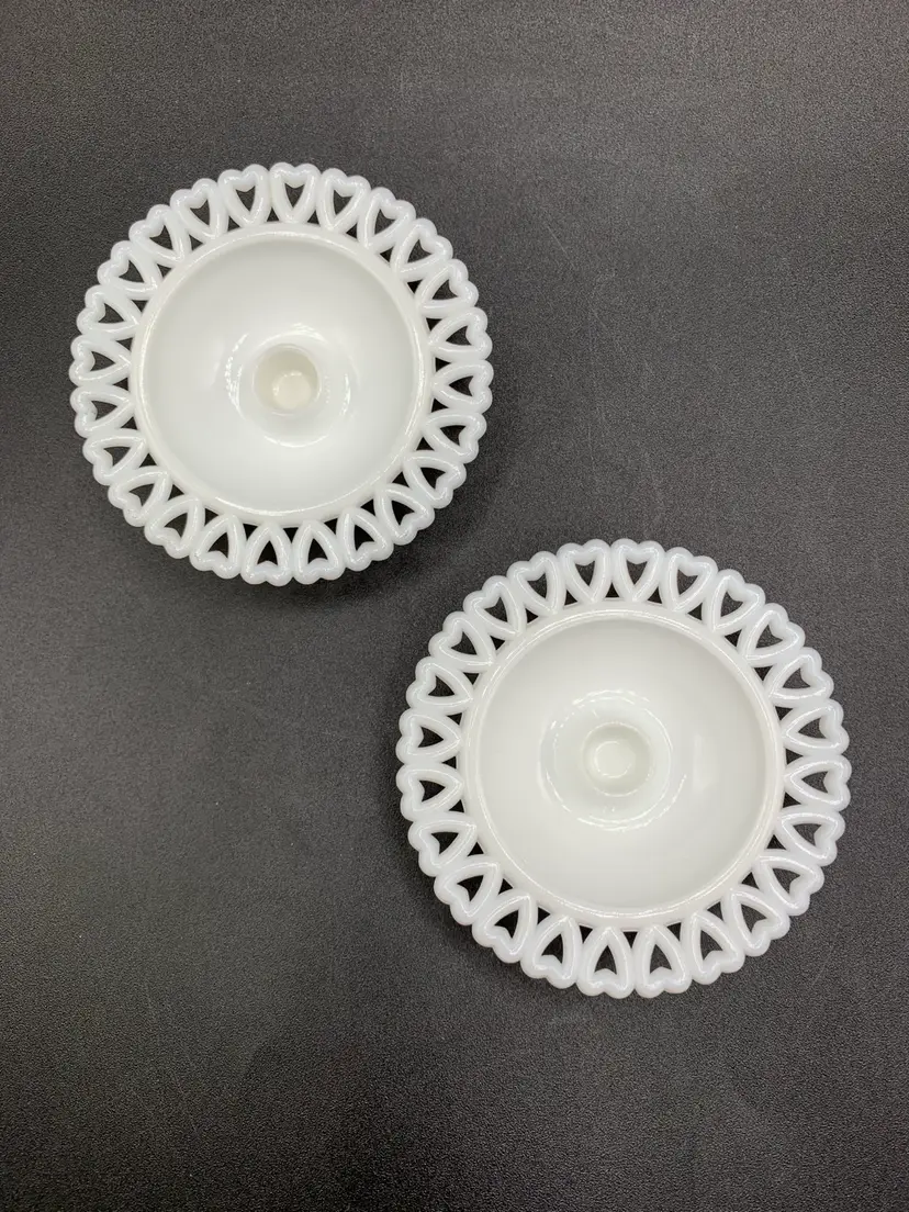 Gunnar Ander Lindshammer Milk Glass Heart Edge Candle Holders. Sweden Lot Of 2